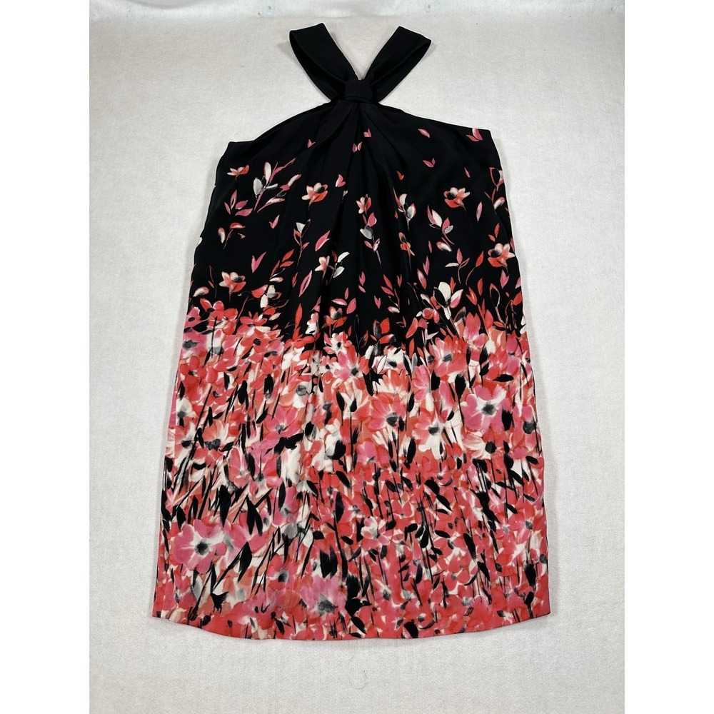 St John Collection Degrade Silk Halter Dress Sz 10 Floral Print Black Flamingo